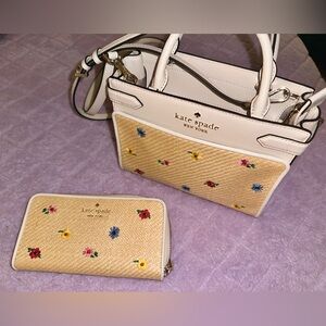 Kate Spade Staci Garden Bouquet Straw Satchel and Matching Wallet Combo
